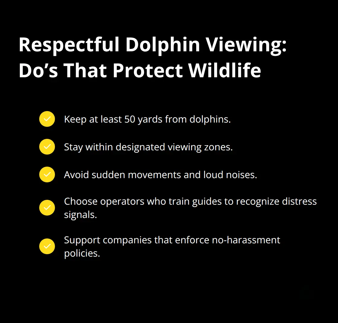 Checklist of responsible dolphin viewing practices aligned with U.S. marine protection guidelines.