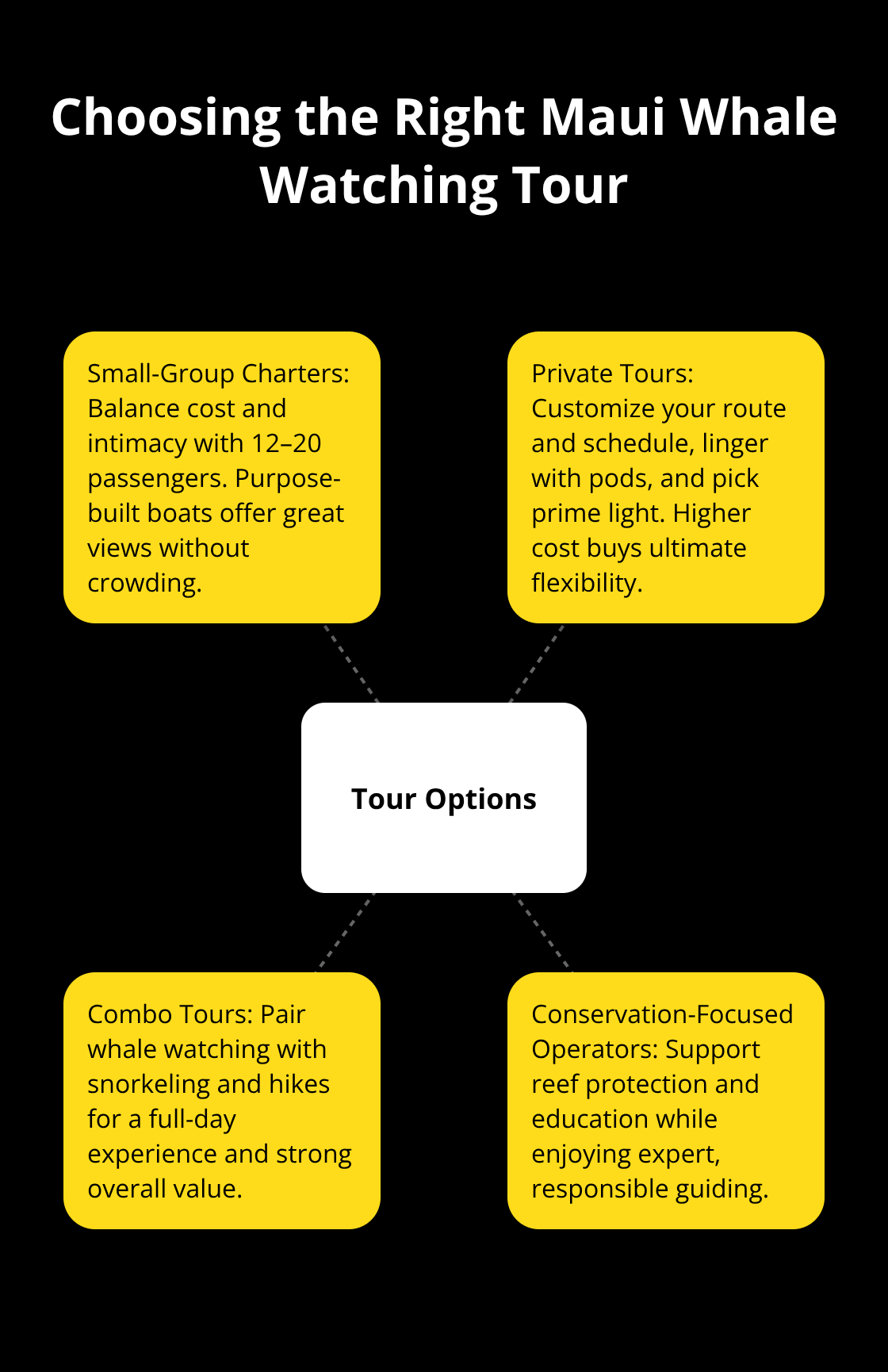 Maui Snorkel Charters | Maui Whale Watching Experiences: Gentle Giants Under Hawaii Skies Hub-and-spoke diagram comparing small-group, private, combo, and conservation-focused whale watching tour options on Maui. - Maui whale watching experiences