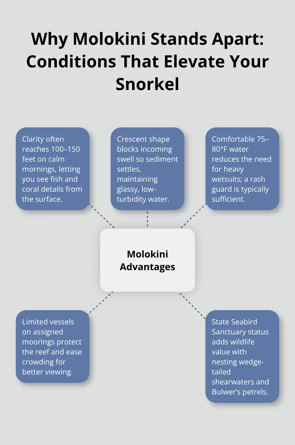 Molokini Crater Snorkeling Trip: Clear Water, Incredible Wildlife 1 Hub-and-spoke visual highlighting Molokini’s advantages: exceptional clarity, protected basin, comfortable temperatures, limited vessels/moorings, and seabird sanctuary status. - Molokini crater snorkeling trip