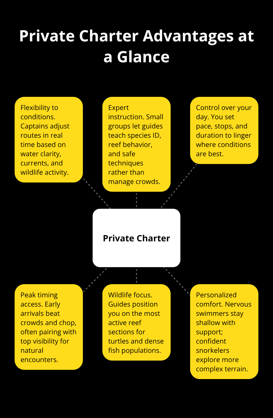 Maui Snorkel Charters | Private Maui Snorkeling Charter: Your Exclusive Reef Day Hub-and-spoke chart showing six key advantages of private Maui snorkeling charters