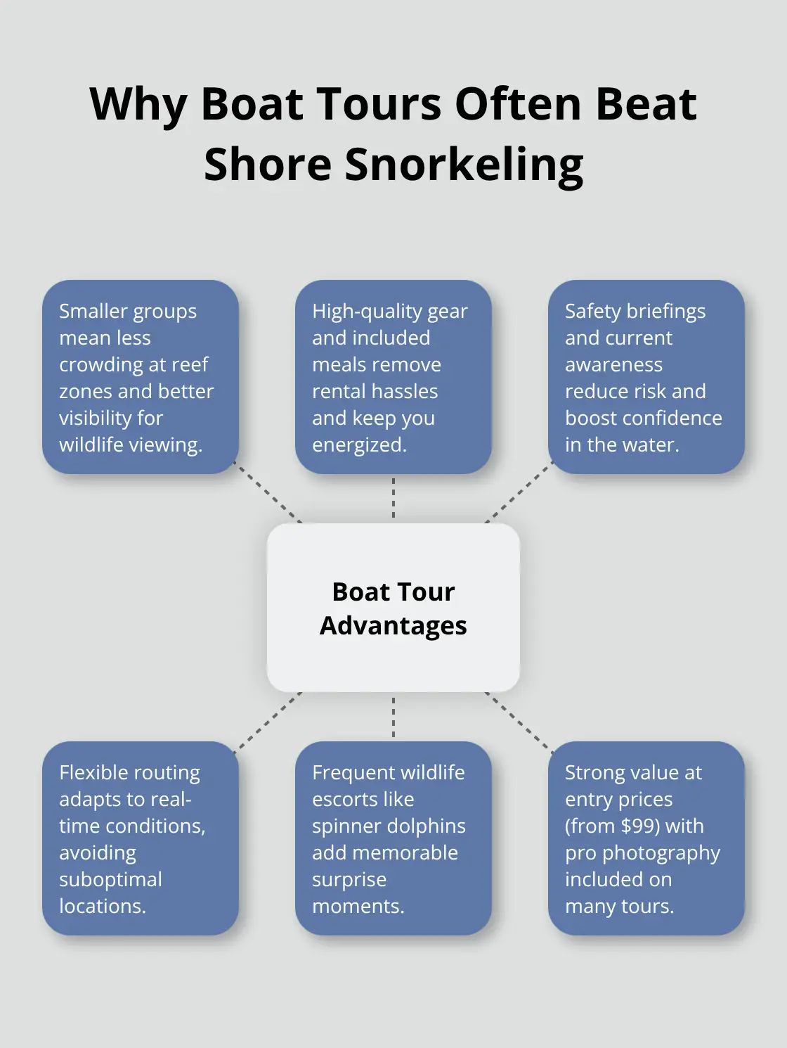 Best Snorkeling Spots on Maui 2 Hub-and-spoke chart showing advantages of Maui boat snorkeling tours. - best snorkeling spots on maui