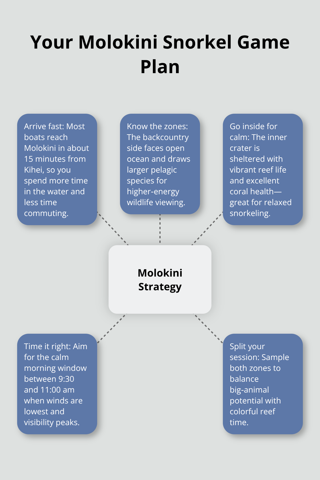 Maui Snorkel Charters | Best Snorkeling Sites on Maui Hub-and-spoke overview of how to maximize a Molokini Crater snorkel, including quick access, two zones, and best timing. - maui best snorkeling sites