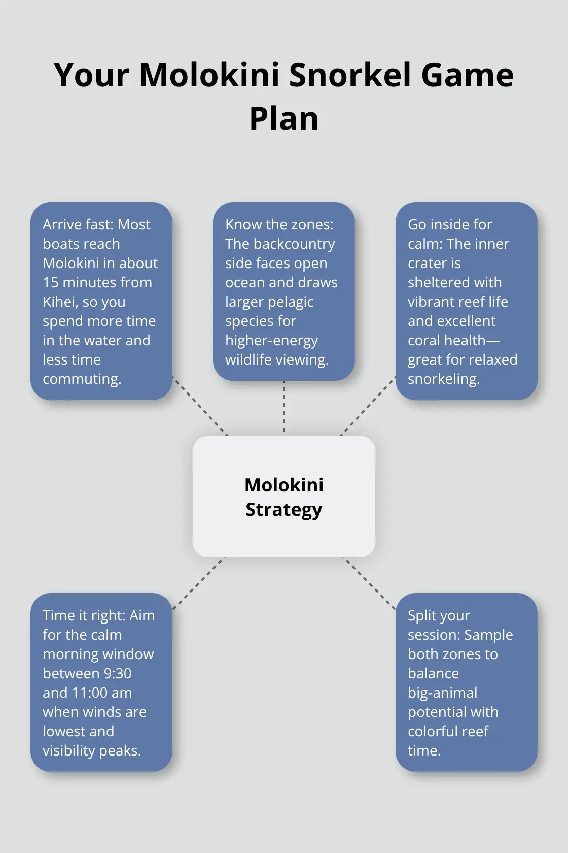 Best Snorkeling Sites on Maui 1 Hub-and-spoke overview of how to maximize a Molokini Crater snorkel, including quick access, two zones, and best timing. - maui best snorkeling sites
