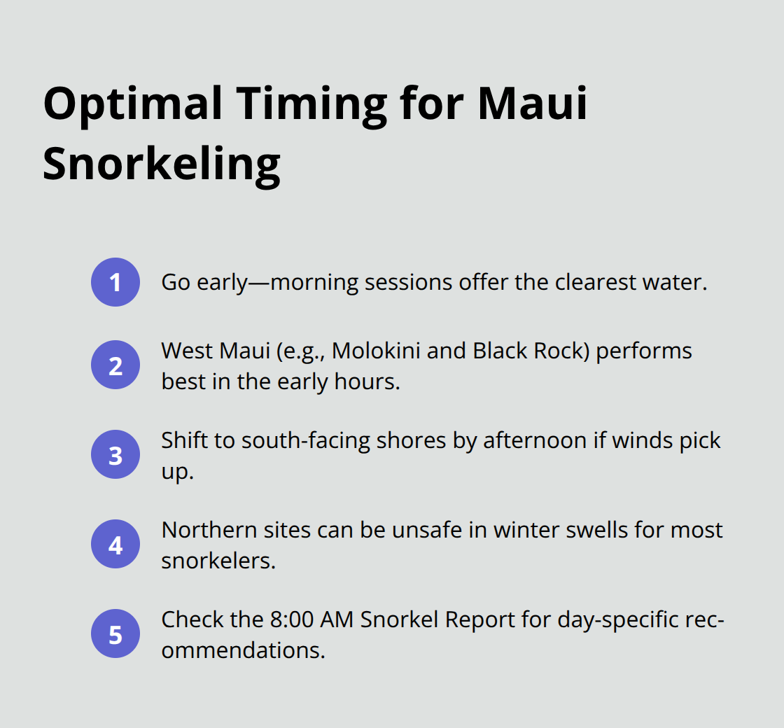 Maui Snorkel Charters | Where to Snorkel in Maui? Compact list showing when and where conditions are best across Maui - maui snorkeling best