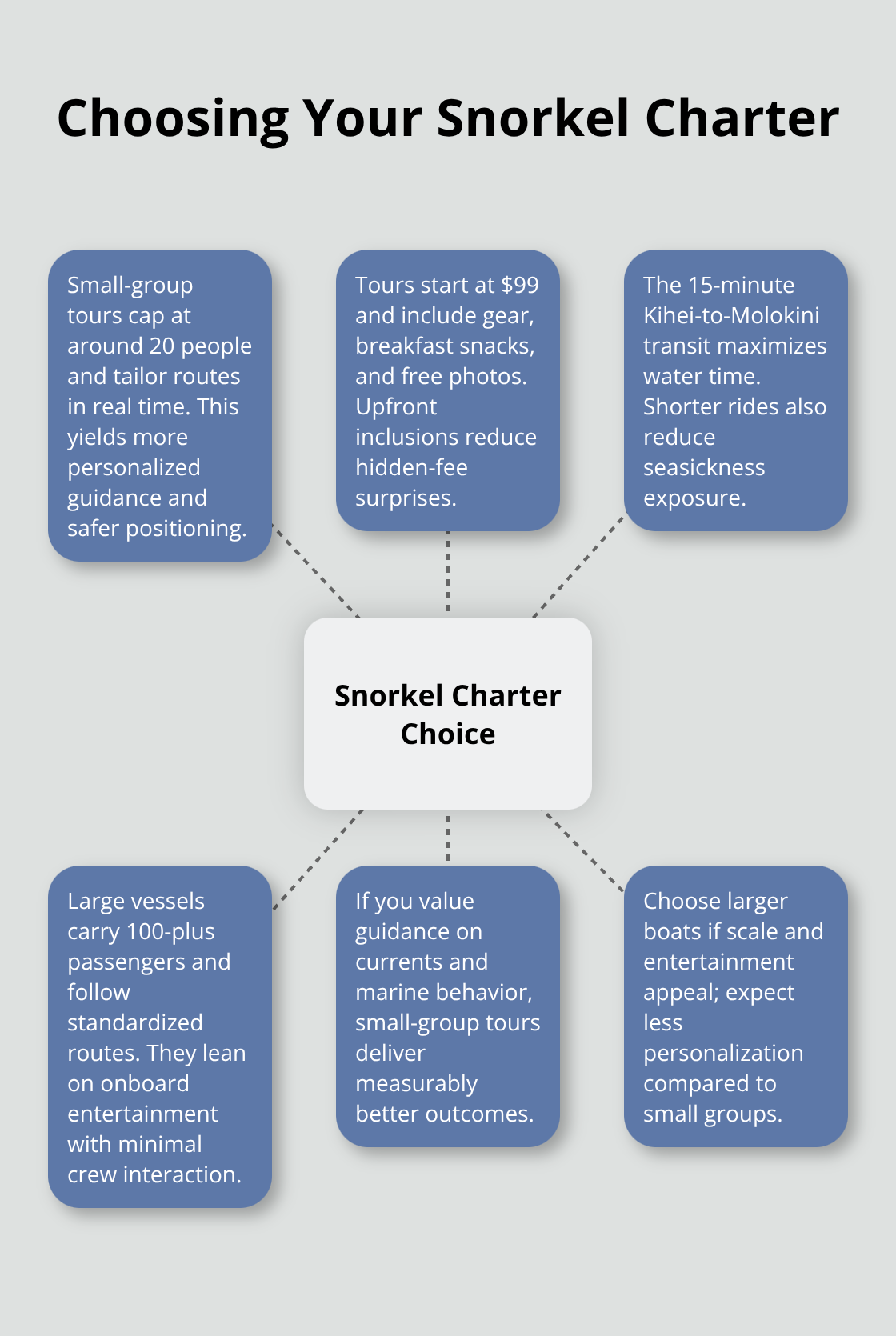 Maui Snorkel Charters | Top Maui Snorkeling Spots Hub-and-spoke comparison of small-group tours versus large commercial vessels for Maui snorkeling.