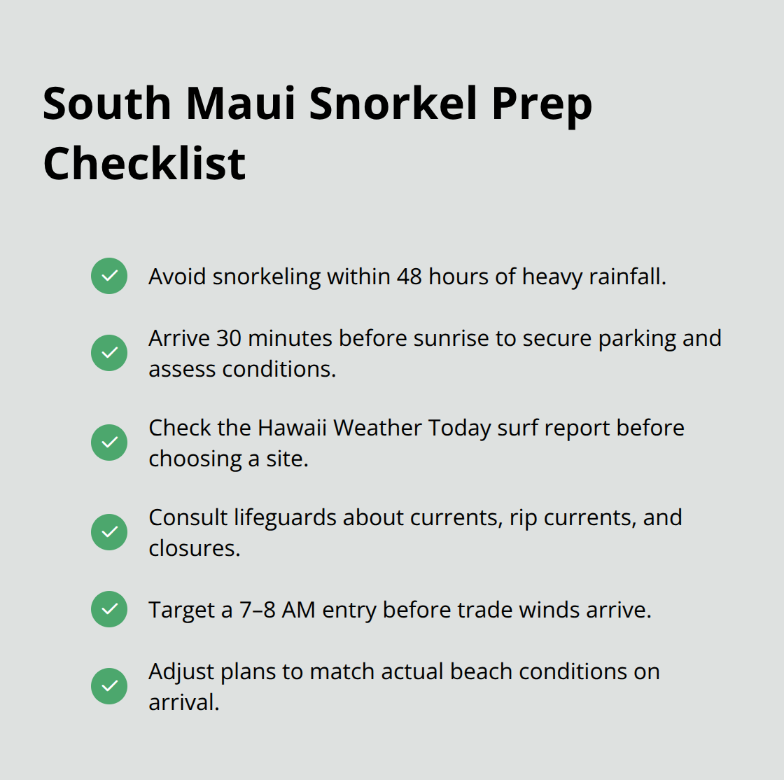 Maui Snorkel Charters | Top Snorkeling Spots in Maui Checklist with key steps: rain window, early arrival, surf report, lifeguard consult, and early entry before trade winds.