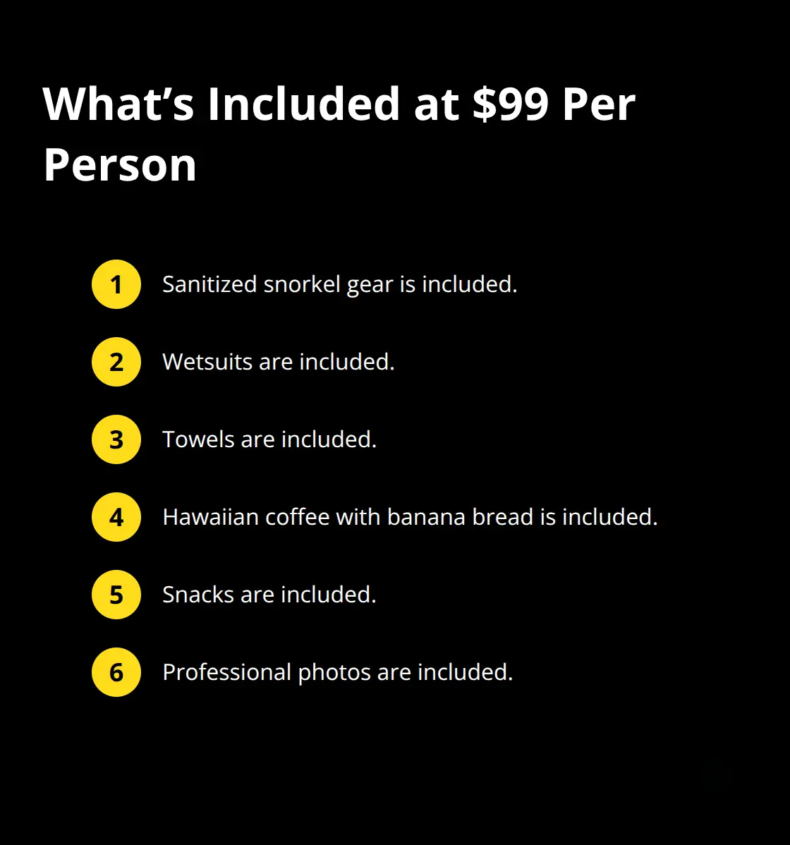 Compact list of items included at the $99 tour price: gear, wetsuits, towels, coffee with banana bread, snacks, and professional photos.