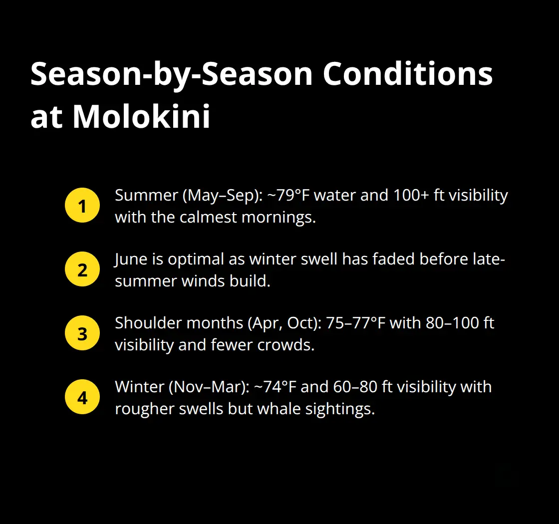 Maui Snorkel Charters | Molokini Snorkeling Best Conditions: When Clear Waters Rule Quick snapshot of summer, shoulder, and winter snorkeling conditions at Molokini Crater, including temperatures, visibility, and crowd levels. - Molokini snorkeling best conditions