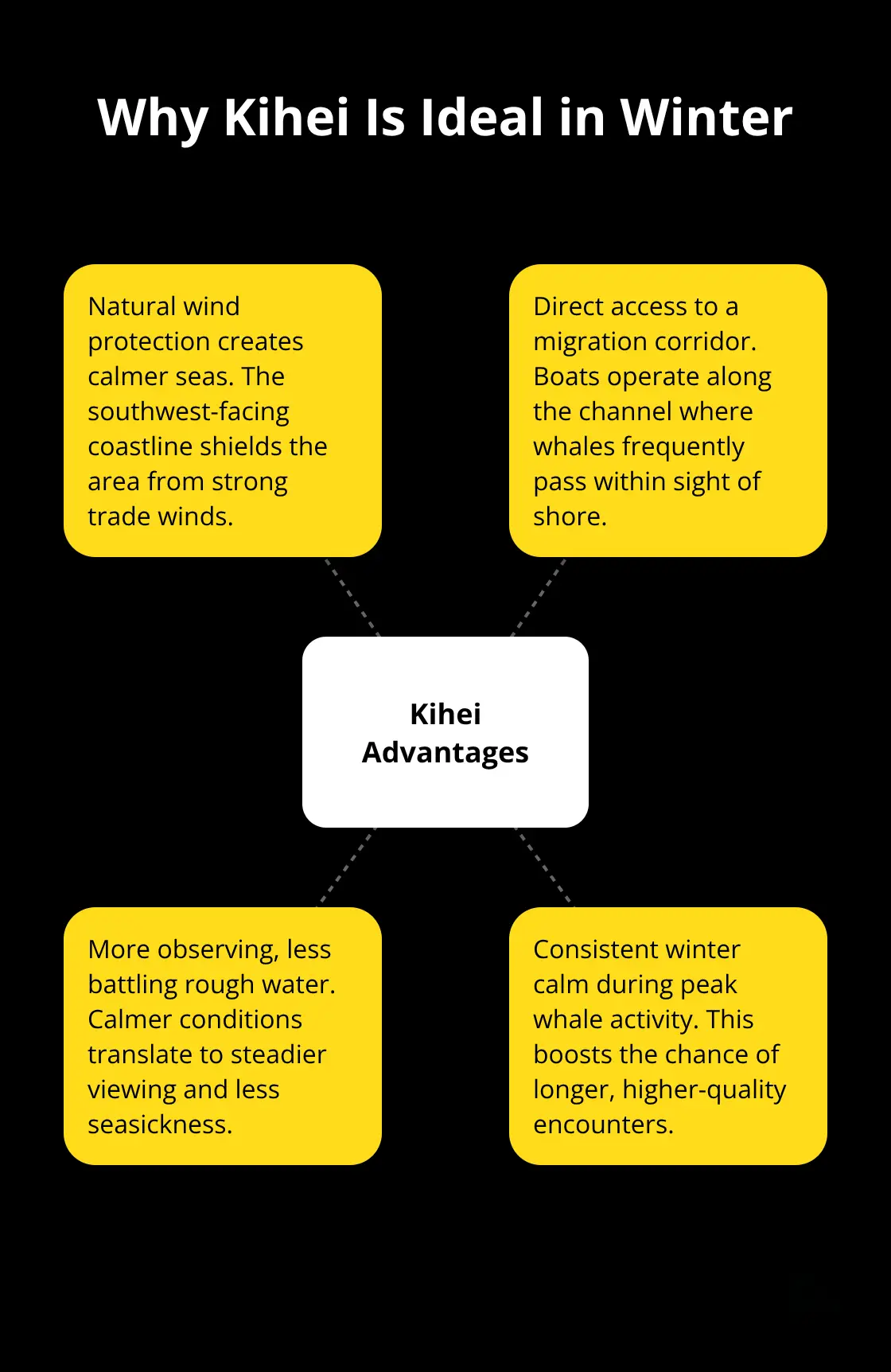 Maui Snorkel Charters | Whale Watching From Kihei: Calm Seas, Big Sights Hub-and-spoke chart showing why Kihei offers excellent winter whale watching conditions - Whale watching from Kihei